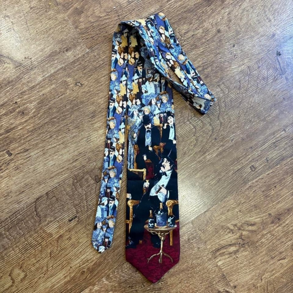vintage 90s Guy Buffet necktie featuring a "Trois Bon Vivantes" art